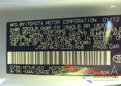 2012 Toyota Yaris из США, поврежденный, VIN JTDBT4K31CL031968